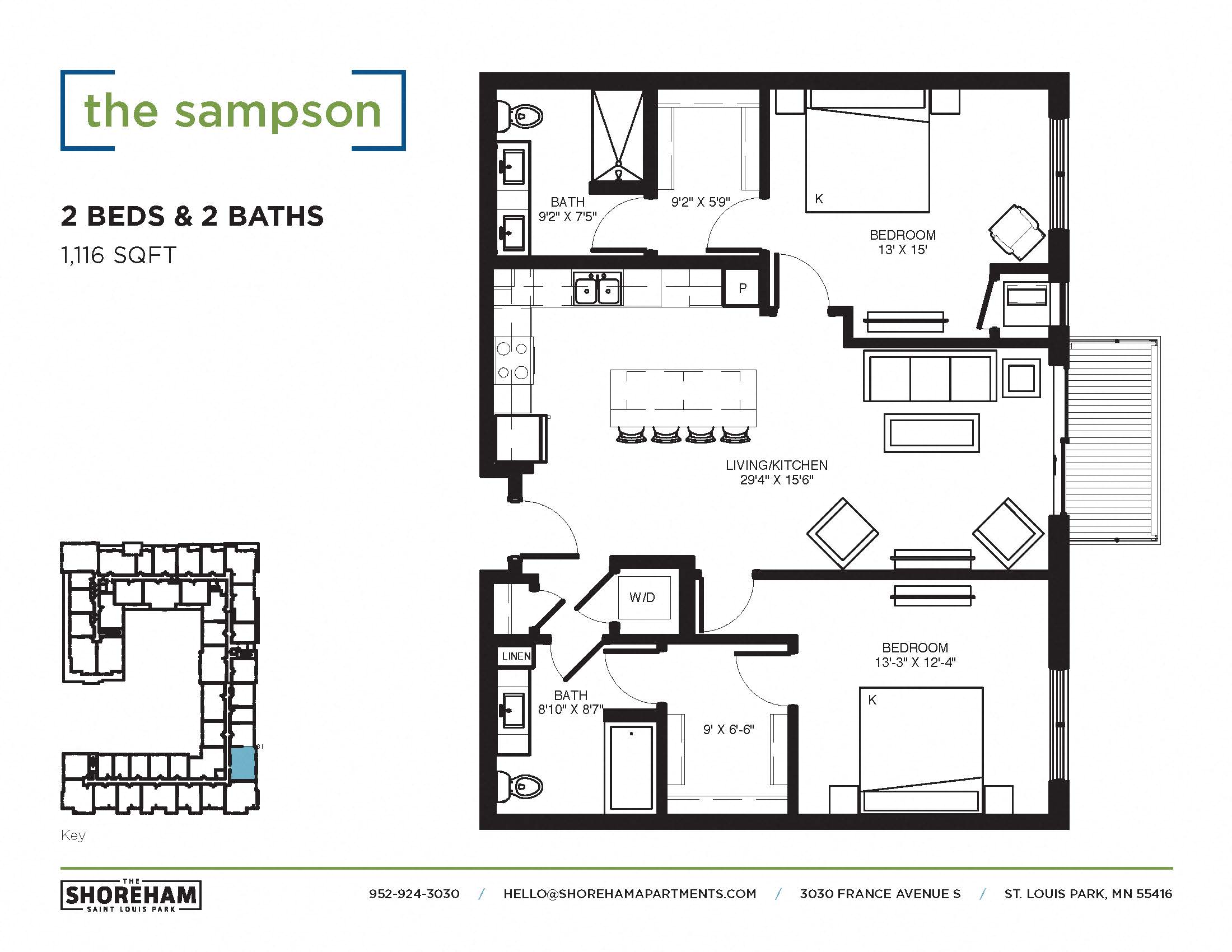 Floor plan for 2 beds, 2 baths, 1116 sqft